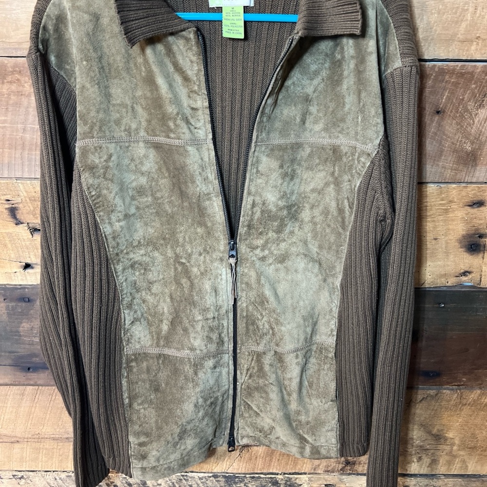 Cubavera Brown Suede Front Knit Zip Jacket